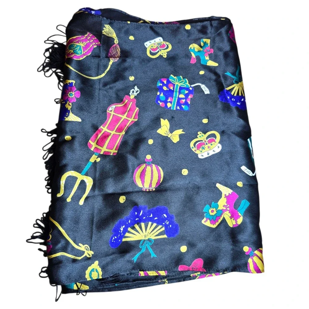 Vintage Diane Von Furstenberg Black Scarf Wrap Holiday Treasures Shawl DVF - Picture 2 of 5